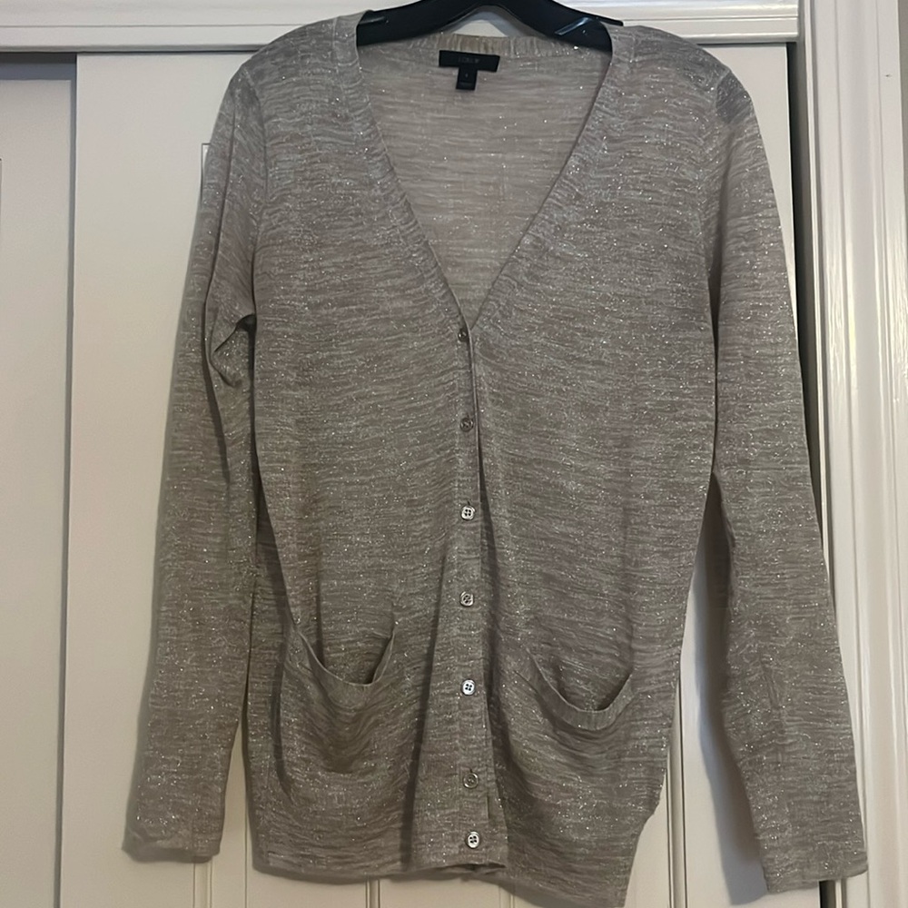 J Crew tan/gold flecked cardigan.  Size Small
